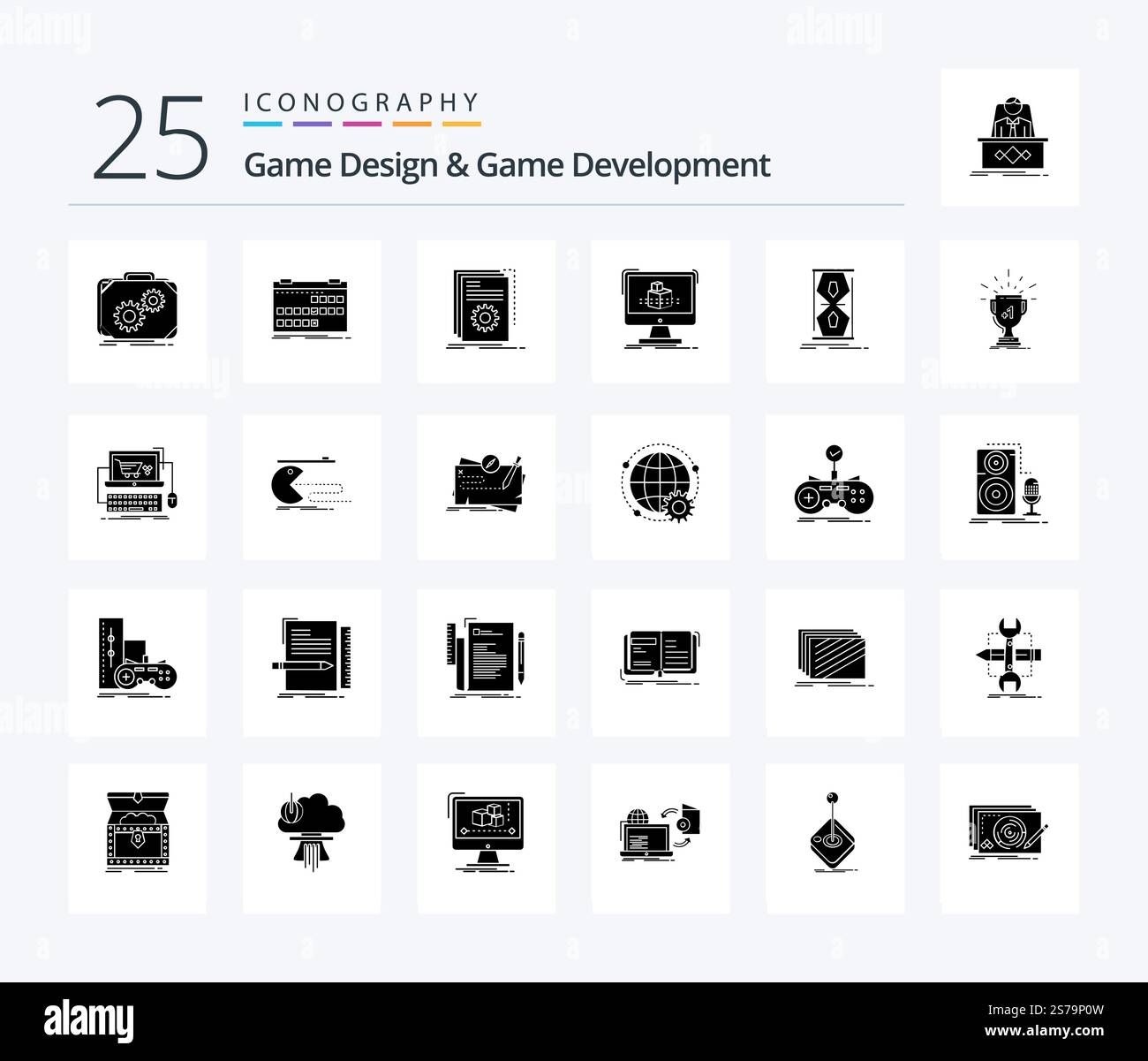 Game Design And Game Development 25 Solid Glyph icon pack including dimensional. 3d. release. script. developer Stock Vector