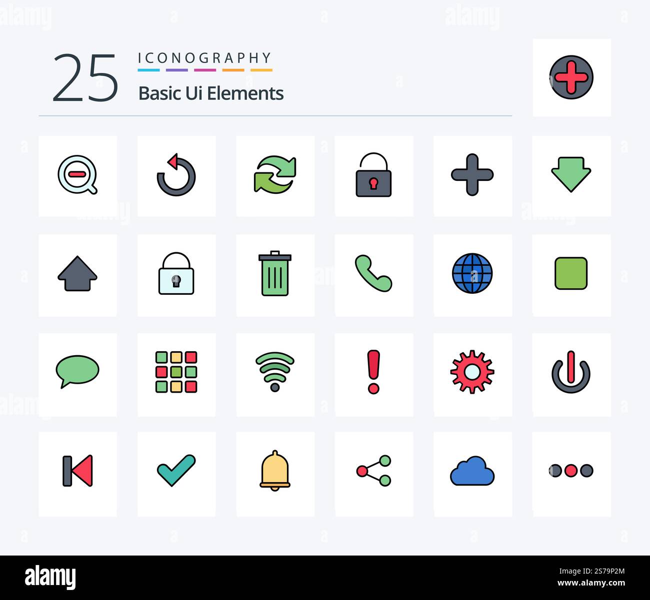 Basic Ui Elements 25 Line Filled icon pack including downlod. arrow. unlock. sign. new Stock Vector