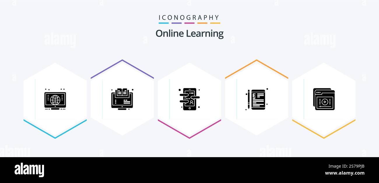Online Learning 25 Glyph icon pack including school. e-learning. app. device. language app Stock Vector