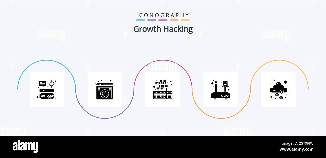 Hacking Glyph 5 Icon Pack Including cloud. network. coding. lost. error Stock Vector