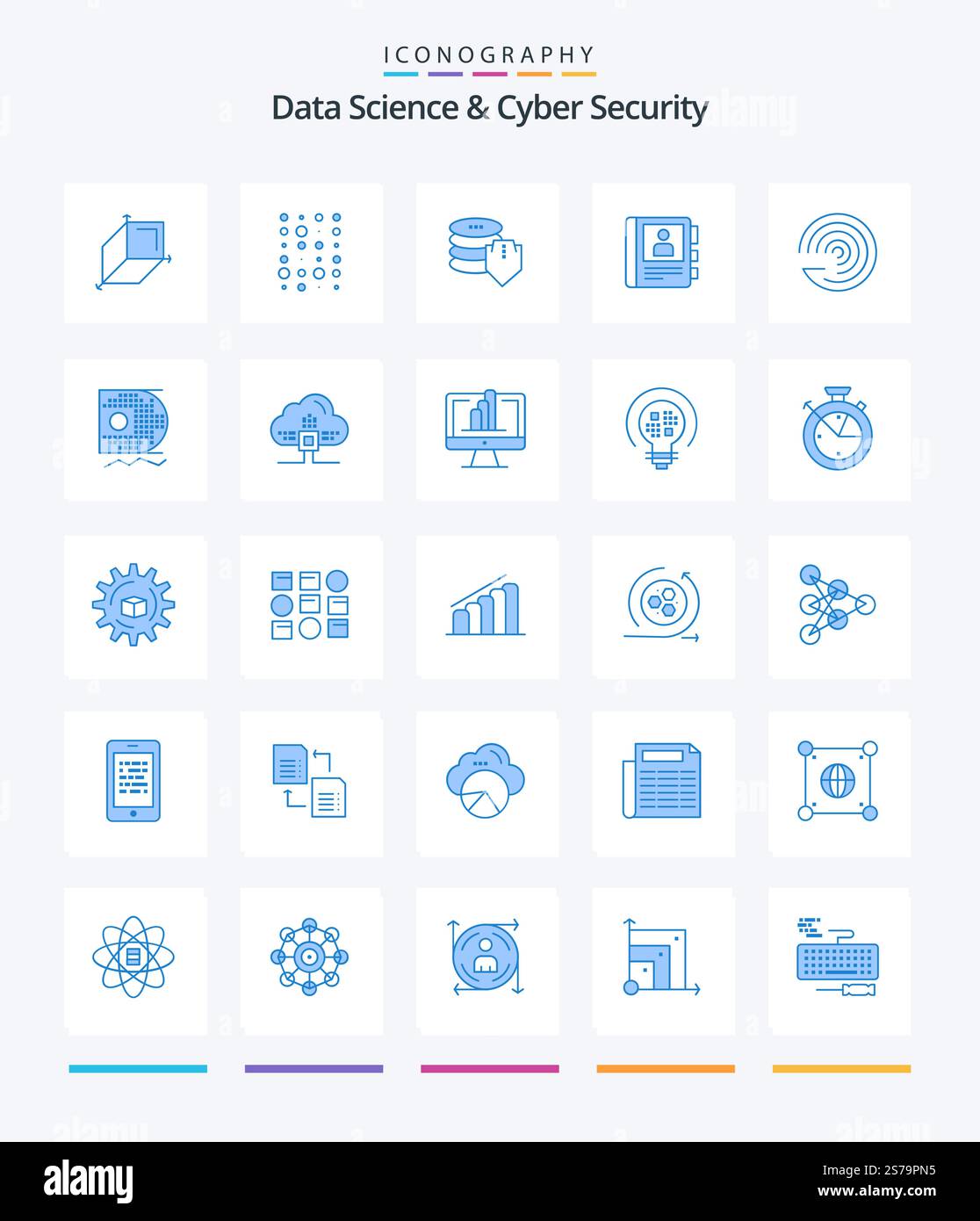 Creative Data Science And Cyber Security 25 Blue icon pack  Such As model. info. shield. diary. phone Stock Vector