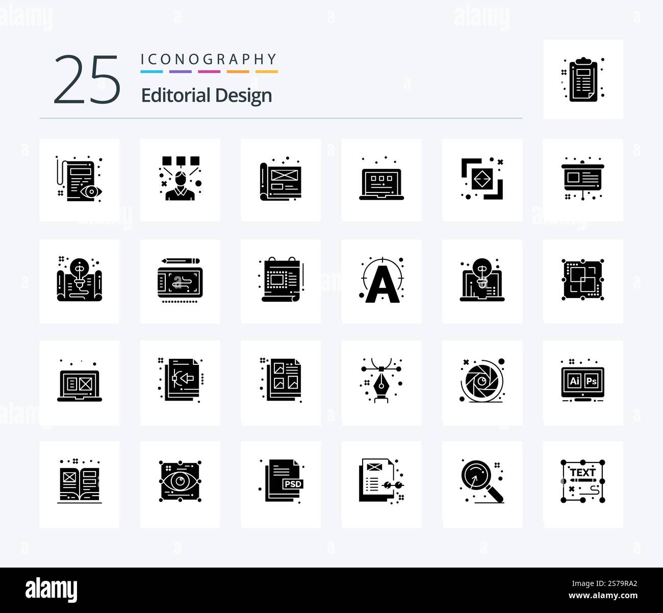 Editorial Design 25 Solid Glyph icon pack including difference. view. art. layout. file Stock Vector