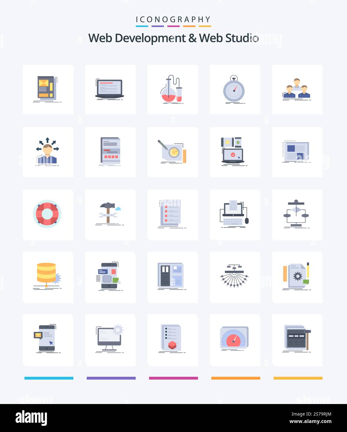 Creative Web Development And Web Studio 25 Flat icon pack  Such As optimization. done. monoblock. test. flask Stock Vector