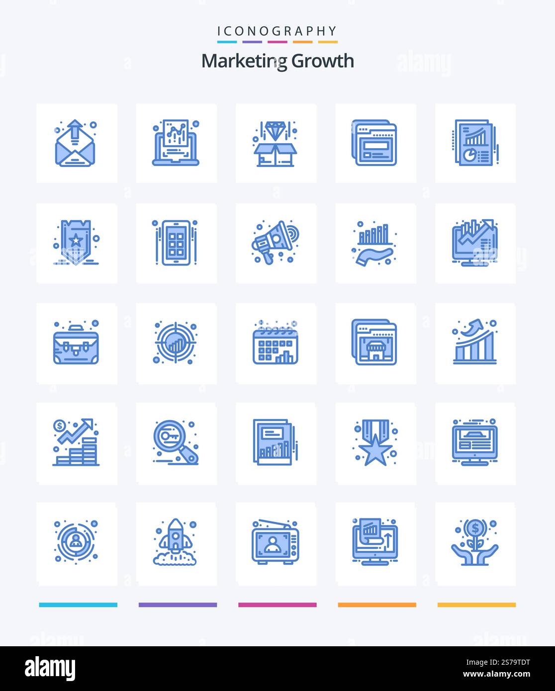 Creative Marketing Growth 25 Blue icon pack  Such As document. help. box. web. page Stock Vector