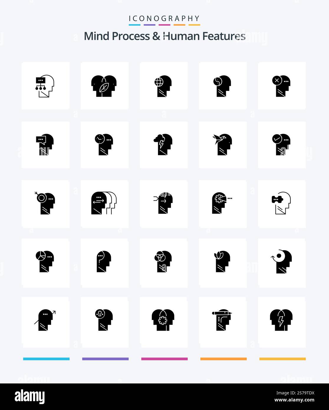 Creative Mind Process And Human Features 25 Glyph Solid Black icon pack  Such As brain. head. business. brian. think Stock Vector