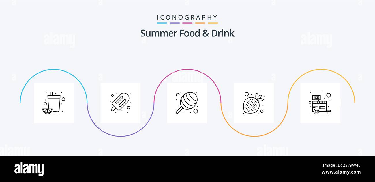 Summer Food and Drink Line 5 Icon Pack Including stall. cream. candy ...