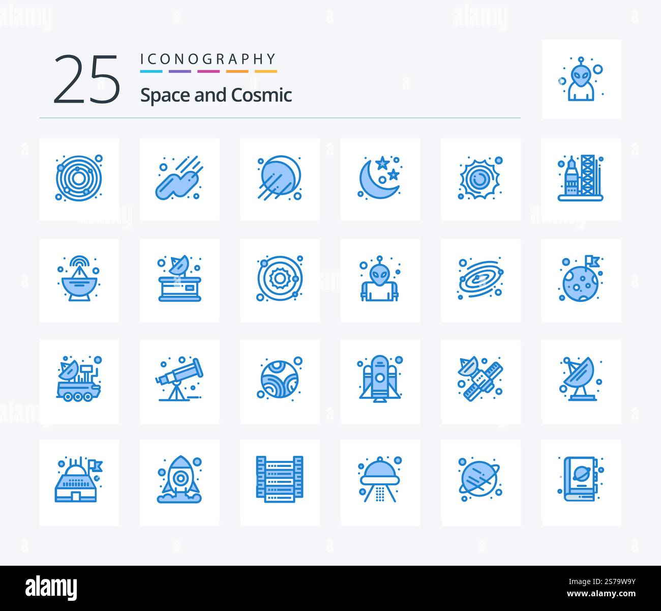 Space 25 Blue Color icon pack including space. rocket. space. launch. planet Stock Vector