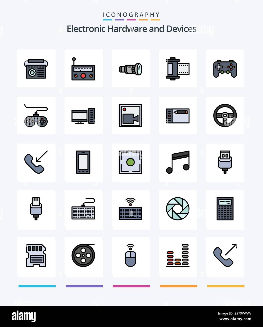 Creative Devices 25 Line FIlled icon pack  Such As computer. game. media. device. roll Stock Vector