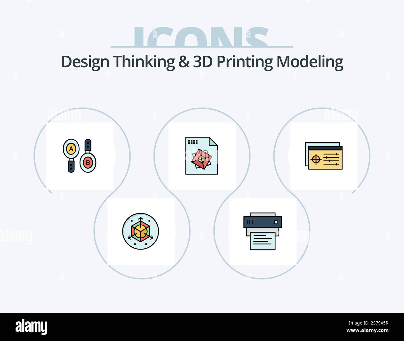 Design Thinking And D Printing Modeling Line Filled Icon Pack 5 Icon Design. scanner. printer. arrow. computing. search Stock Vector