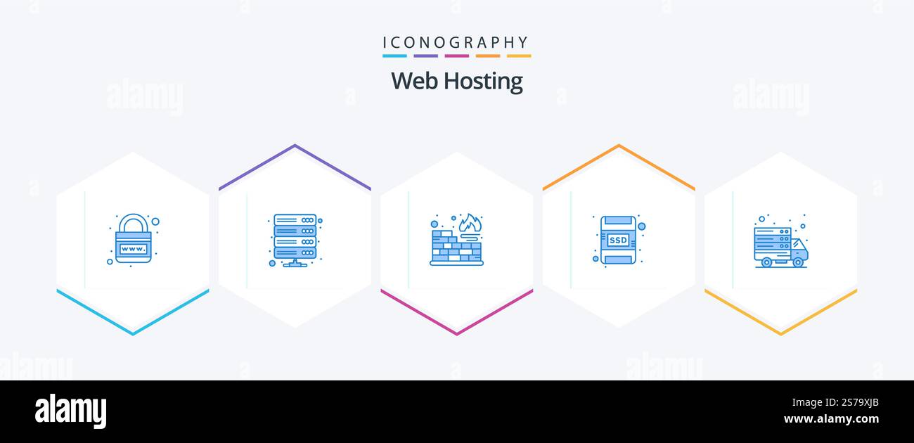 Web Hosting 25 Blue icon pack including online. ssd. storage. memory card. protection Stock Vector