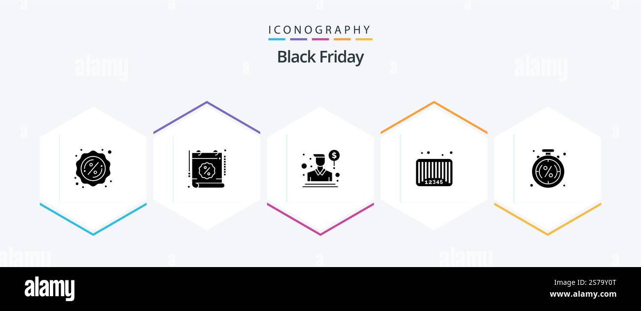 Black Friday 25 Glyph icon pack including discount. barcode. agent. bar code. sale Stock Vector