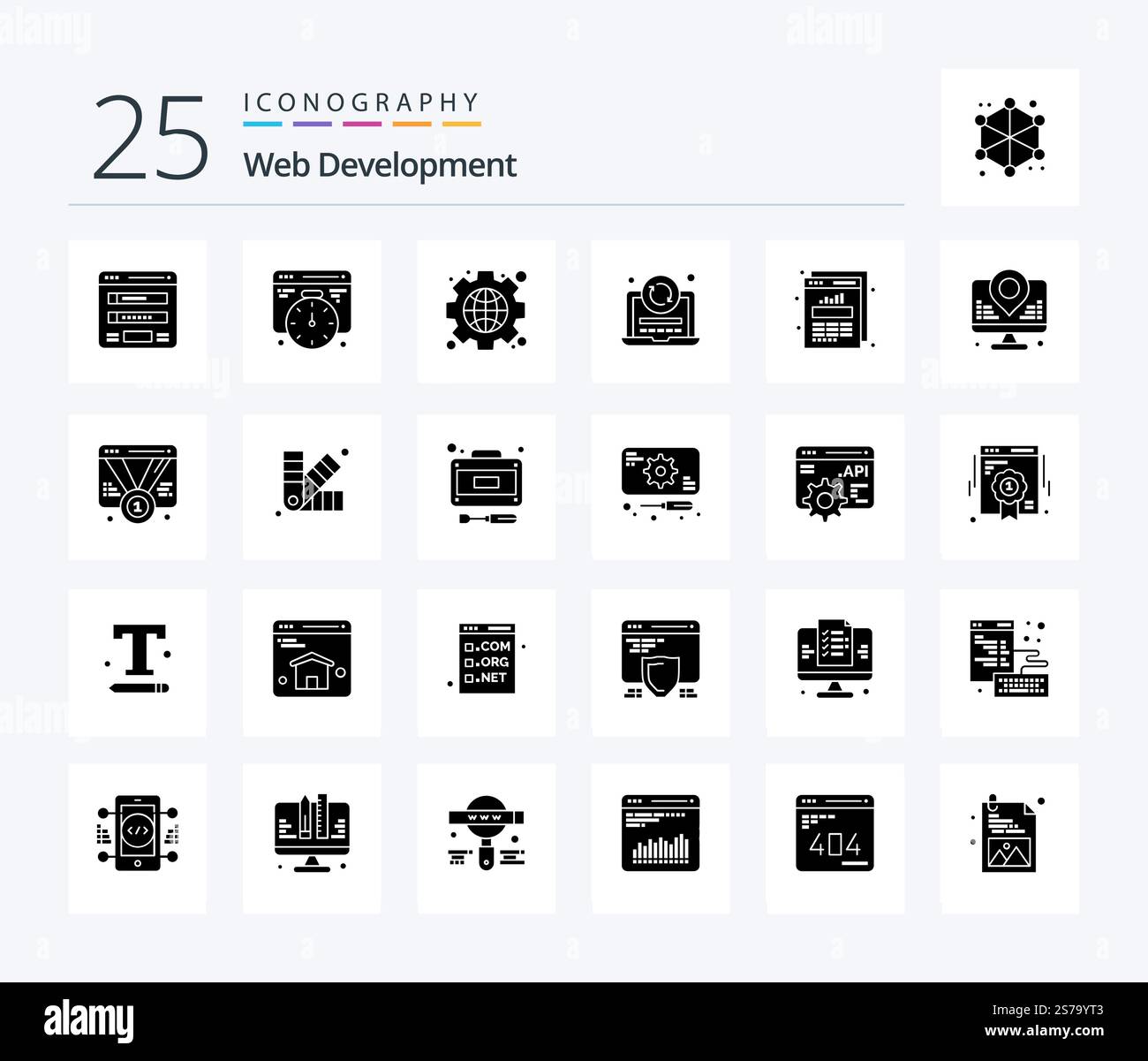 Web Development 25 Solid Glyph icon pack including data. coding. gear. reload. laptop Stock Vector