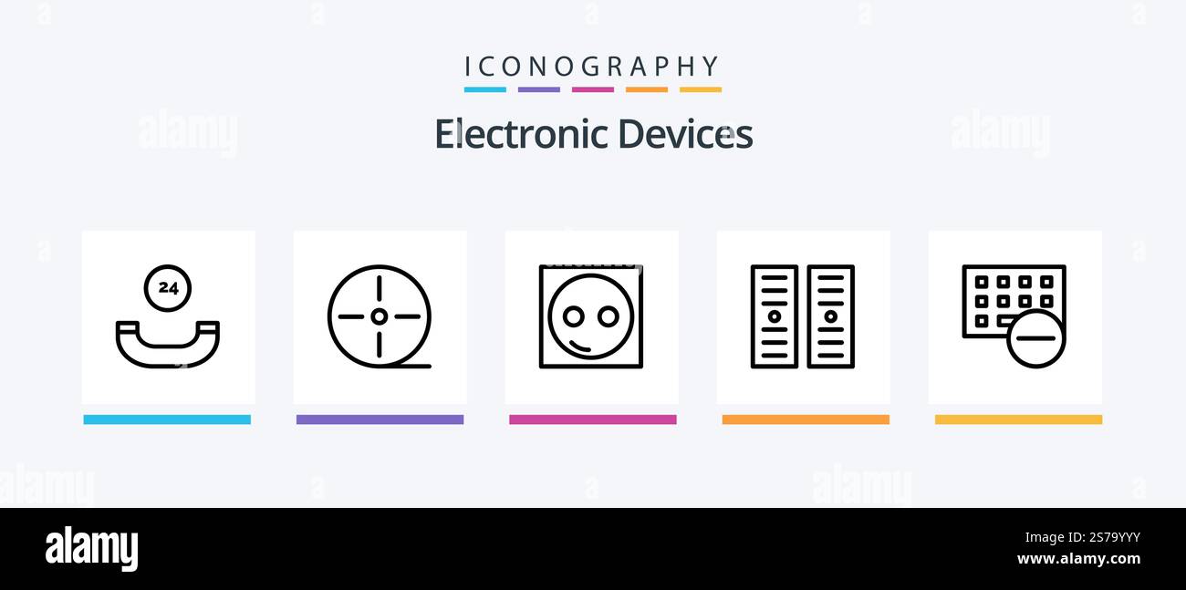 Devices Line 5 Icon Pack Including devices. computers. devices. cpu. chip. Creative Icons Design Stock Vector