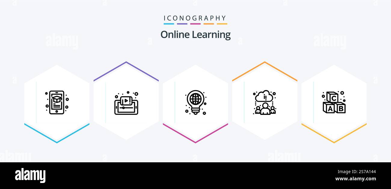 Online Learning 25 Line icon pack including alphabet. learning. tutorials. cloud. light Stock Vector