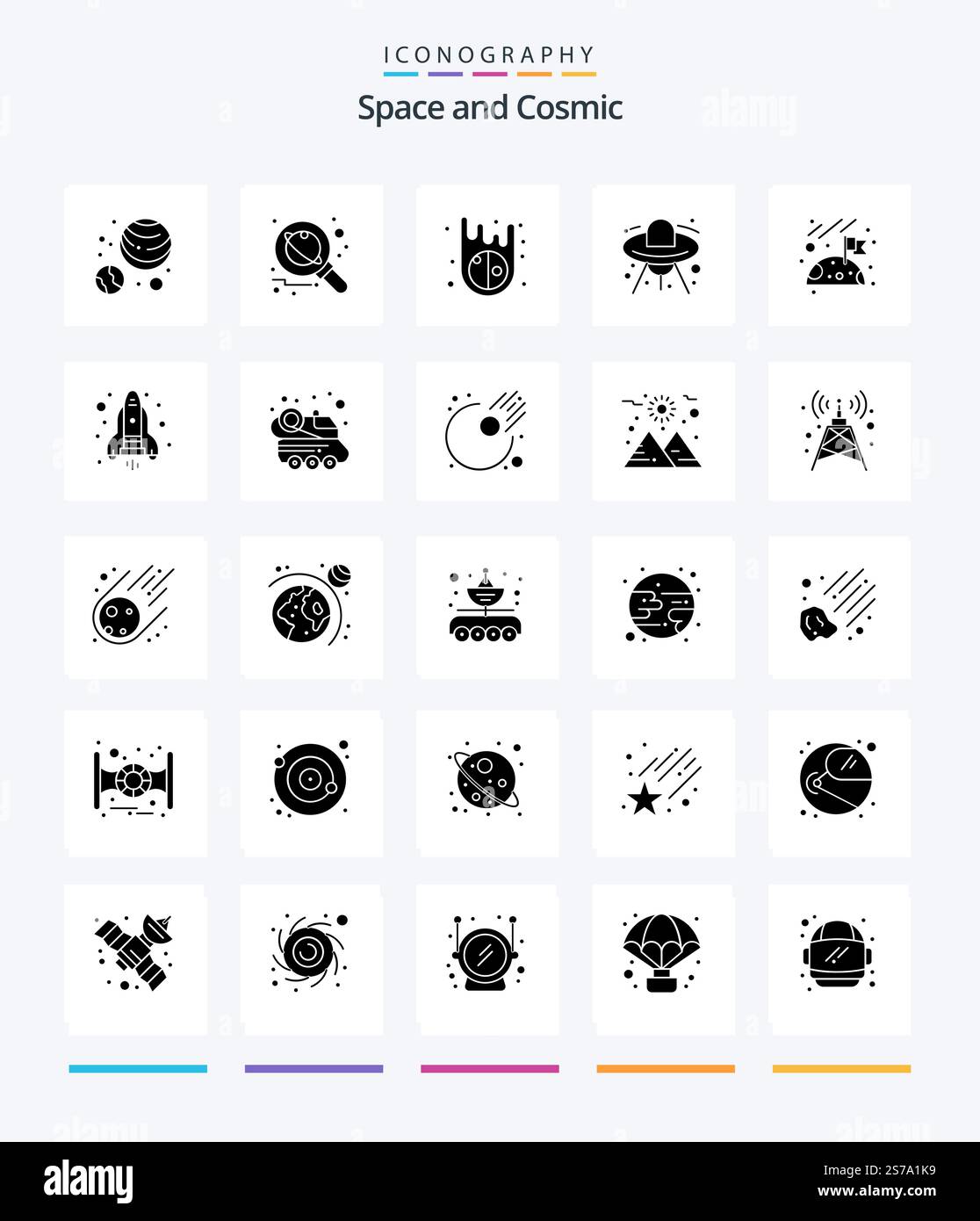 Creative Space 25 Glyph Solid Black icon pack  Such As space. flag. asteroids. ufo. ship Stock Vector