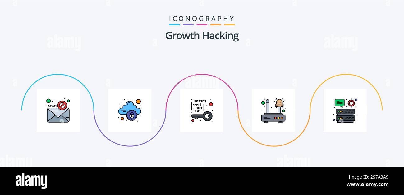 Hacking Line Filled Flat 5 Icon Pack Including network. internet. internet. error. private Stock Vector