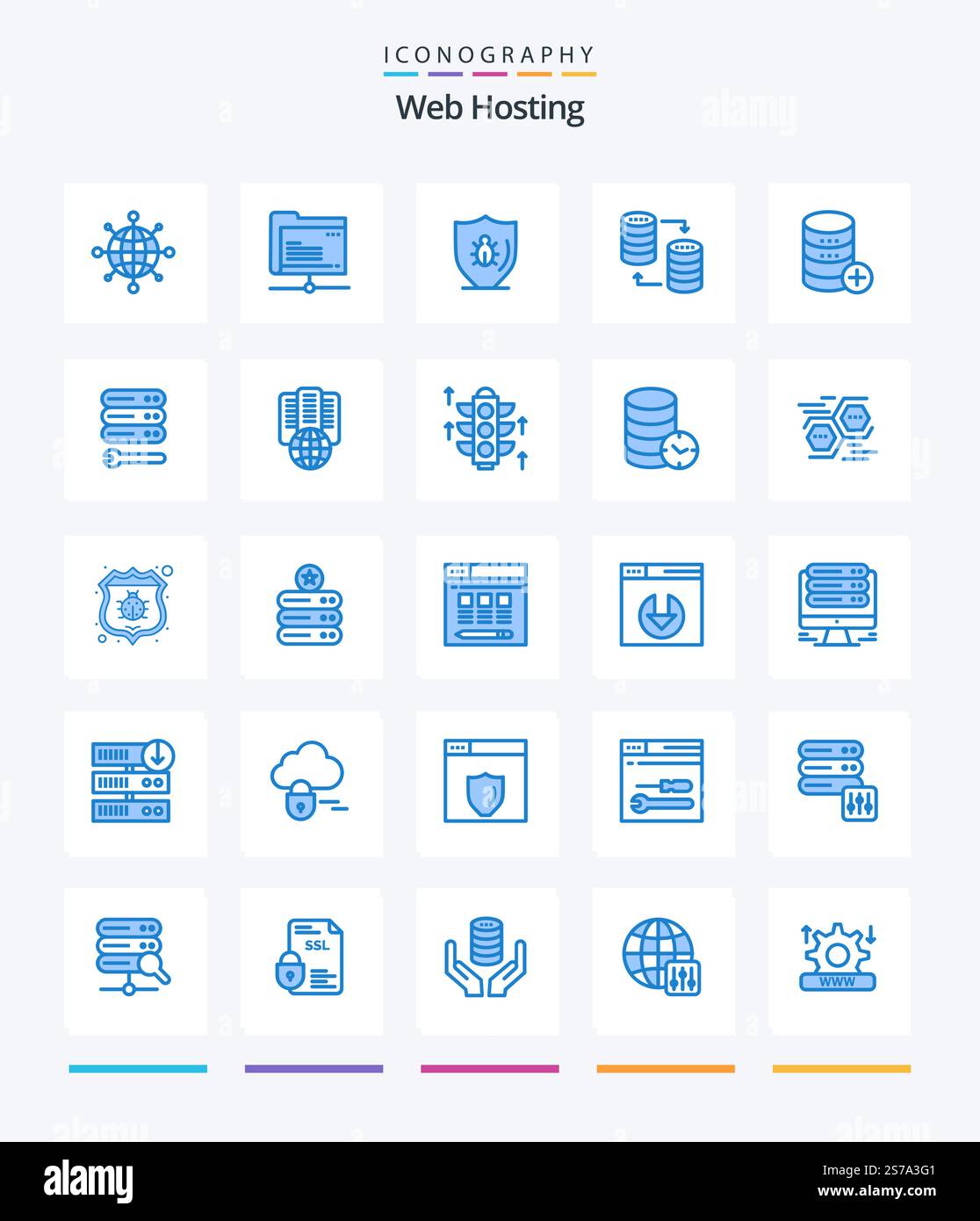 Creative Web Hosting 25 Blue icon pack  Such As database. storage. programing. sql. database Stock Vector