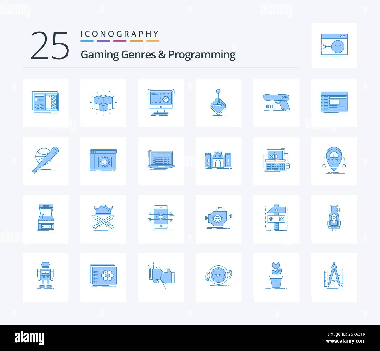 Gaming Genres And Programming 25 Blue Color icon pack including gaming. arcade. solution. progress. function Stock Vector
