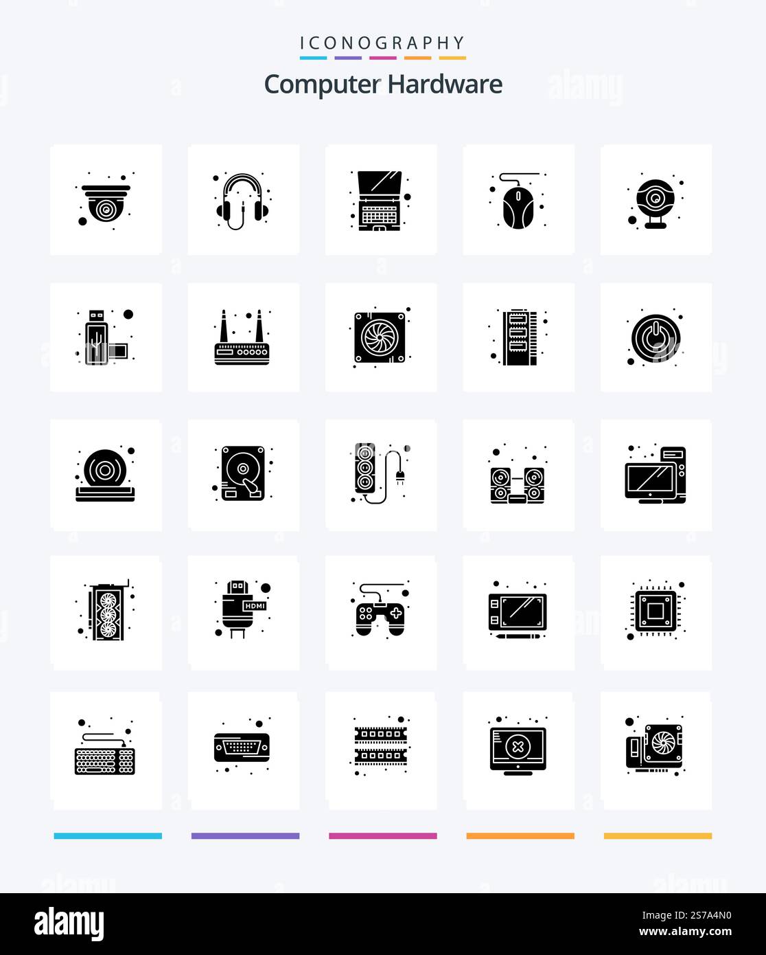 Creative Computer Hardware 25 Glyph Solid Black icon pack  Such As connection. hardware. computer. computer. hardware Stock Vector