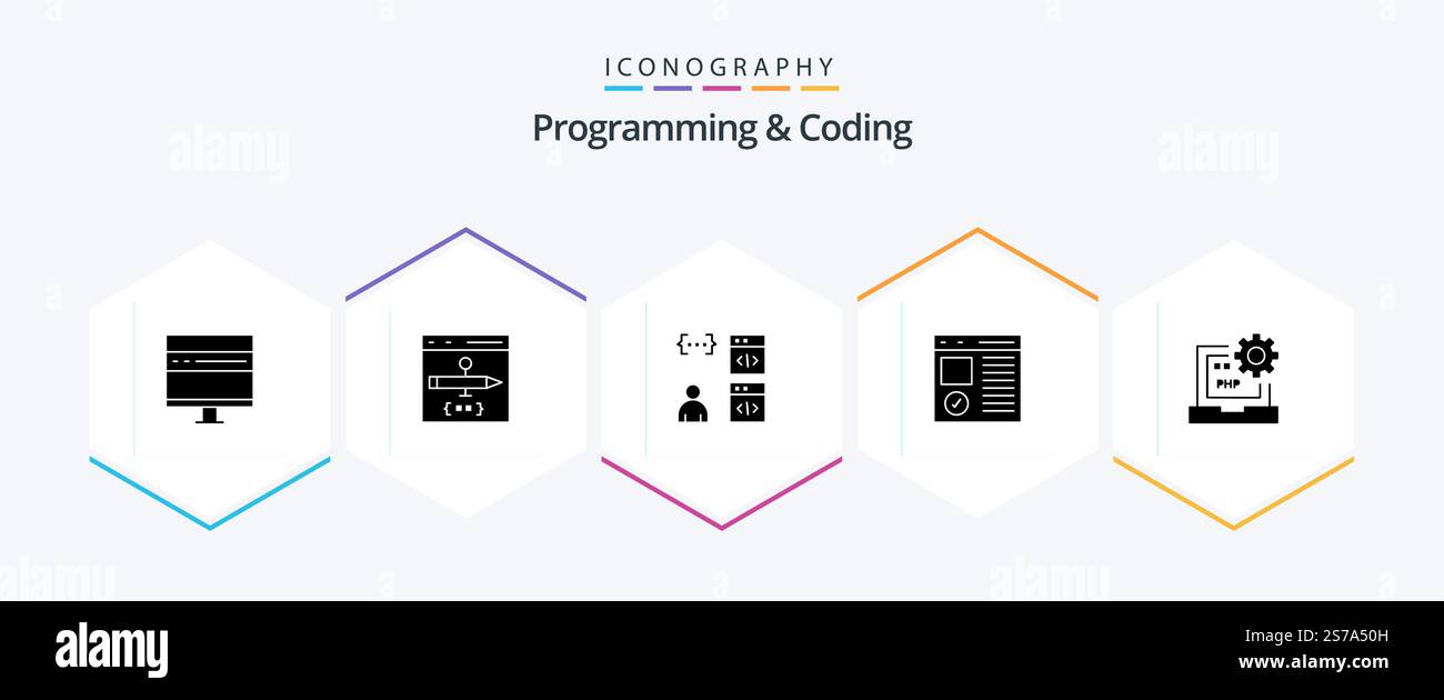 Programming And Coding 25 Glyph icon pack including develop. code. develop. page. develop Stock Vector