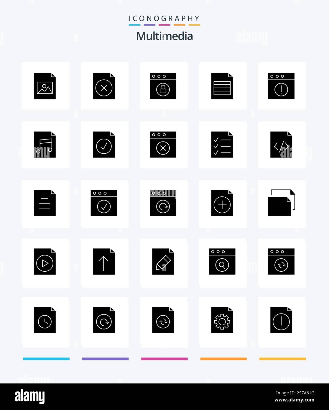 Creative Multimedia 25 Glyph Solid Black icon pack  Such As file. audio. mac. mac. alert Stock Vector