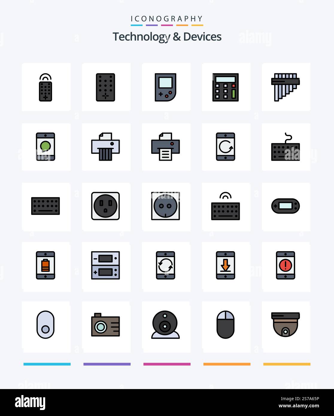 Creative Devices 25 Line FIlled icon pack  Such As device. message. math. devices. cellphone Stock Vector