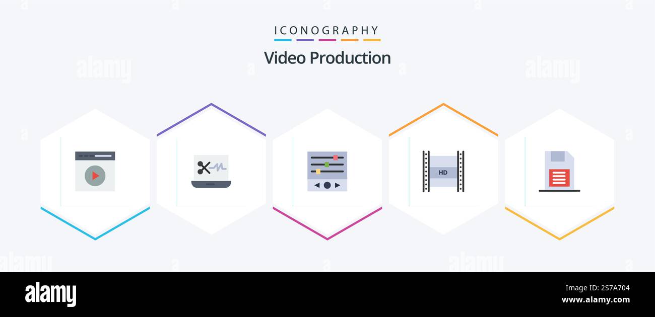 Video Production 25 Flat icon pack including hd streaming. hd film. digital video broadcasting. sound waves Stock Vector