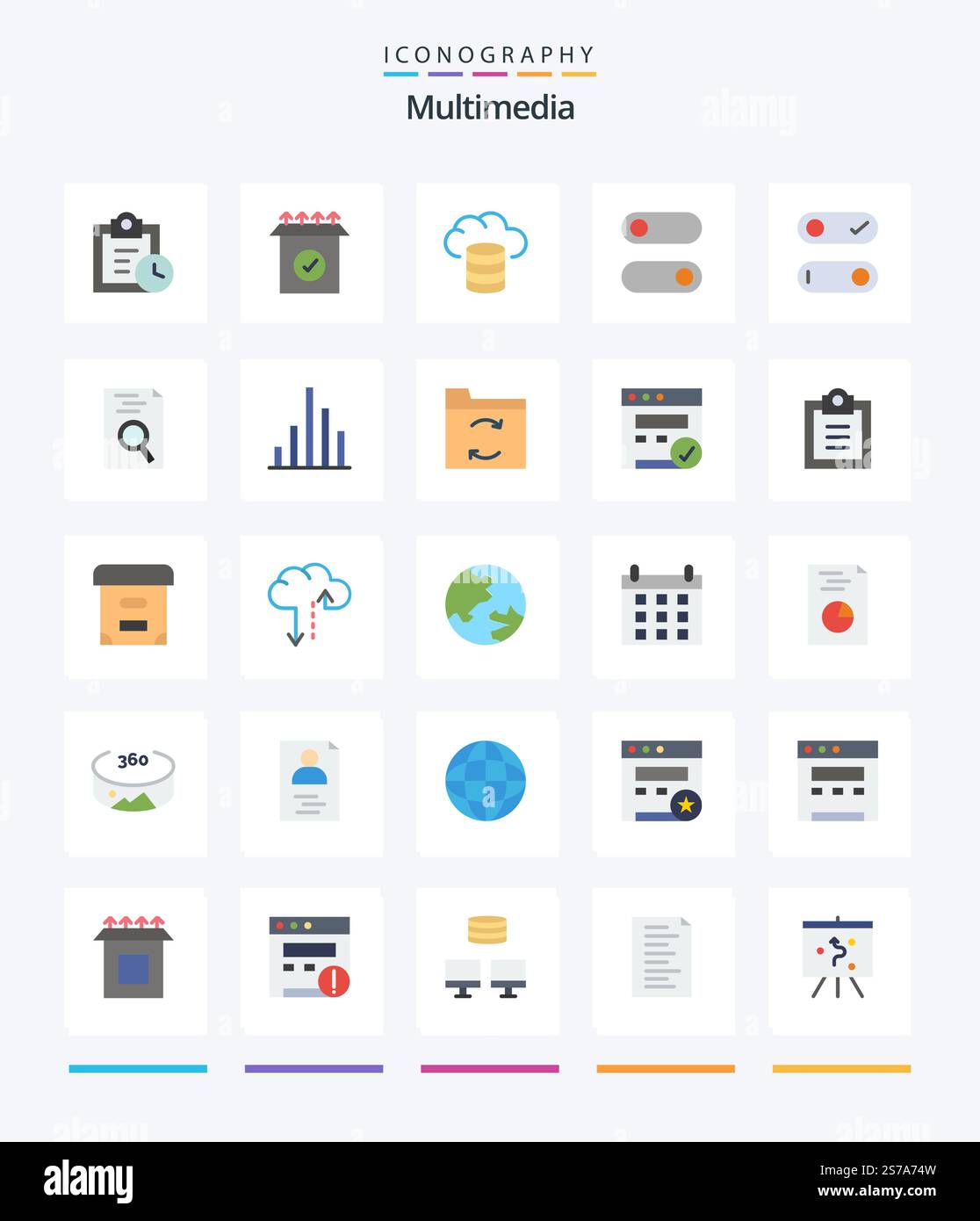 Creative Multimedia 25 Flat icon pack  Such As inspect. analytics. hosting. search. hr Stock Vector