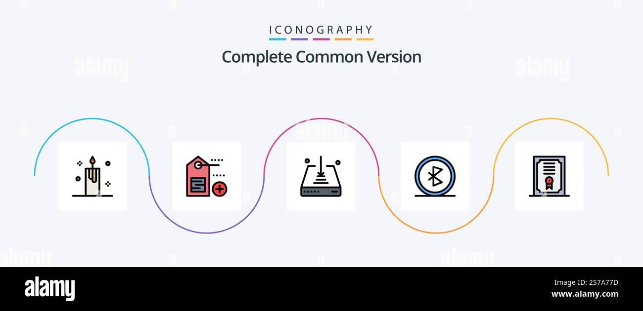 Complete Common Version Line Filled Flat 5 Icon Pack Including certificate. network. arrow. connection. bluetooth Stock Vector