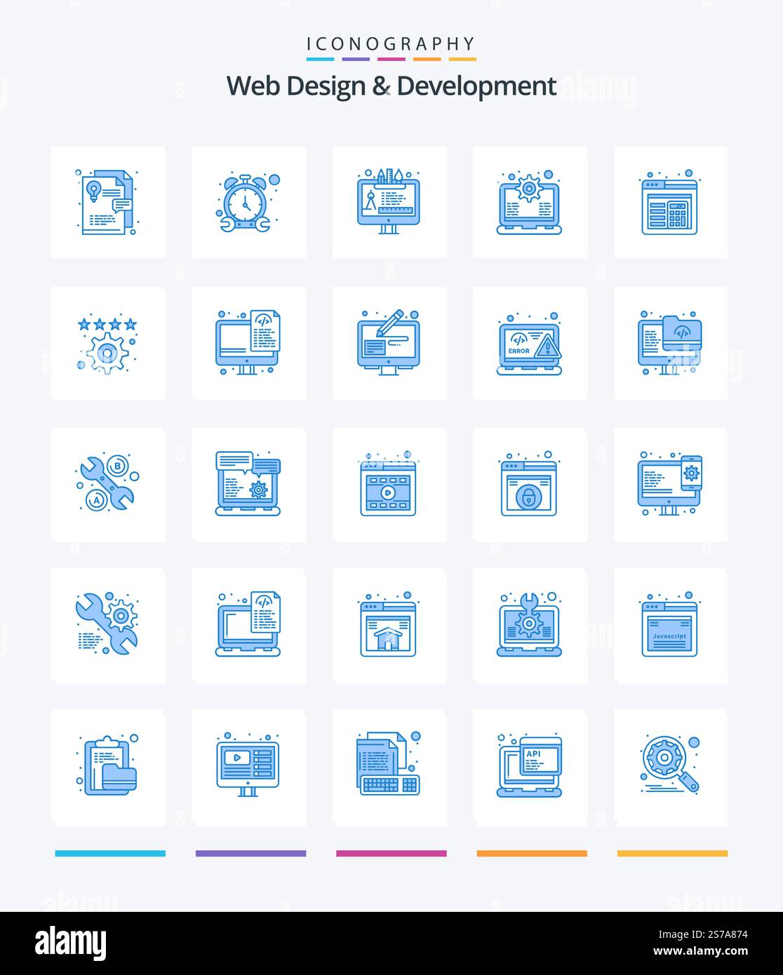 Creative Web Design And Development 25 Blue icon pack  Such As calculation. browser. tool. support. laptop Stock Vector