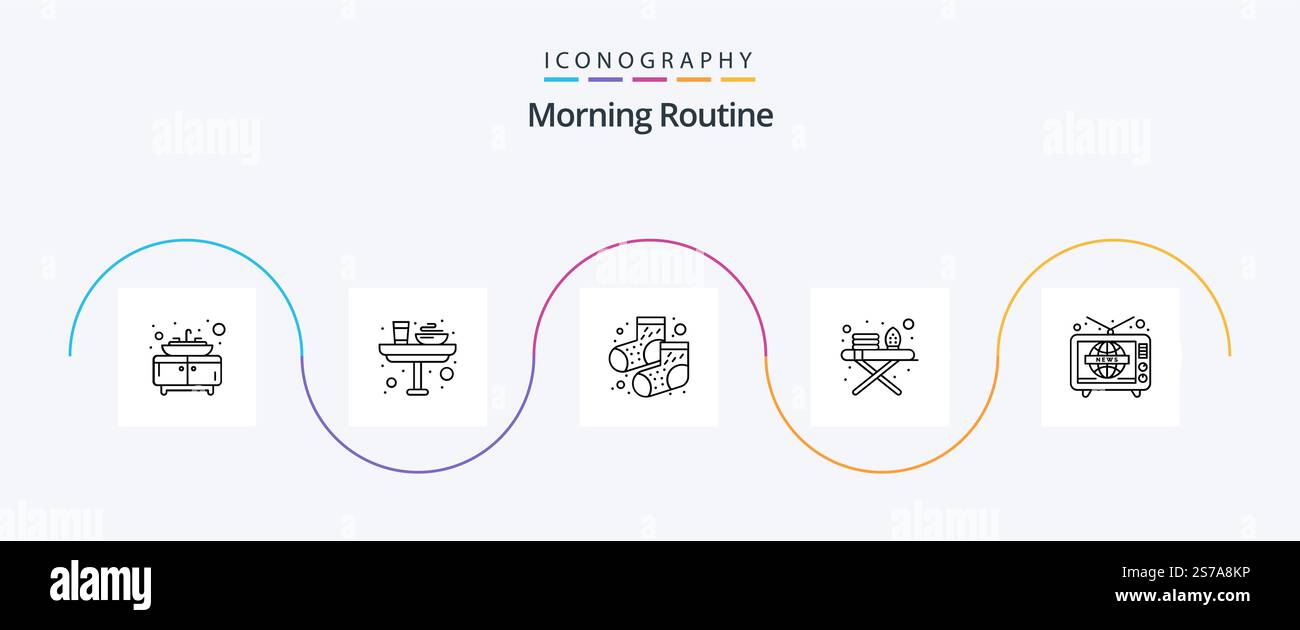 Morning Routine Line 5 Icon Pack Including world wide. television. dots ...