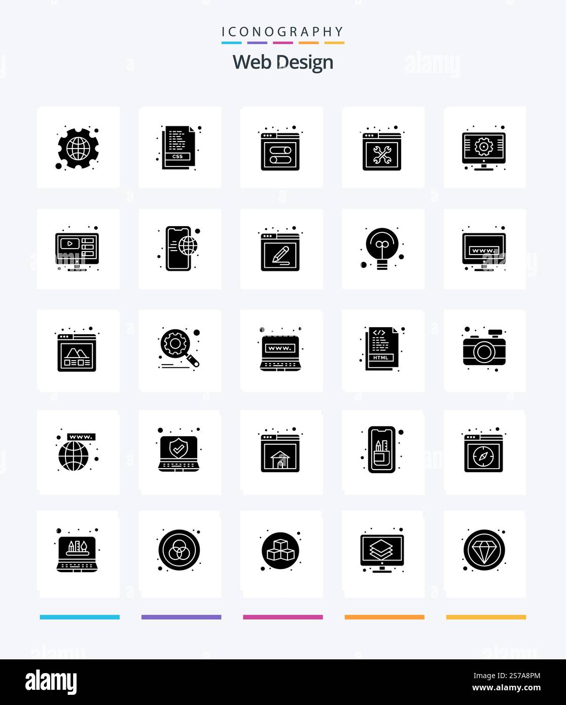 Creative Web Design 25 Glyph Solid Black icon pack  Such As setting. web. development. setting. tools Stock Vector