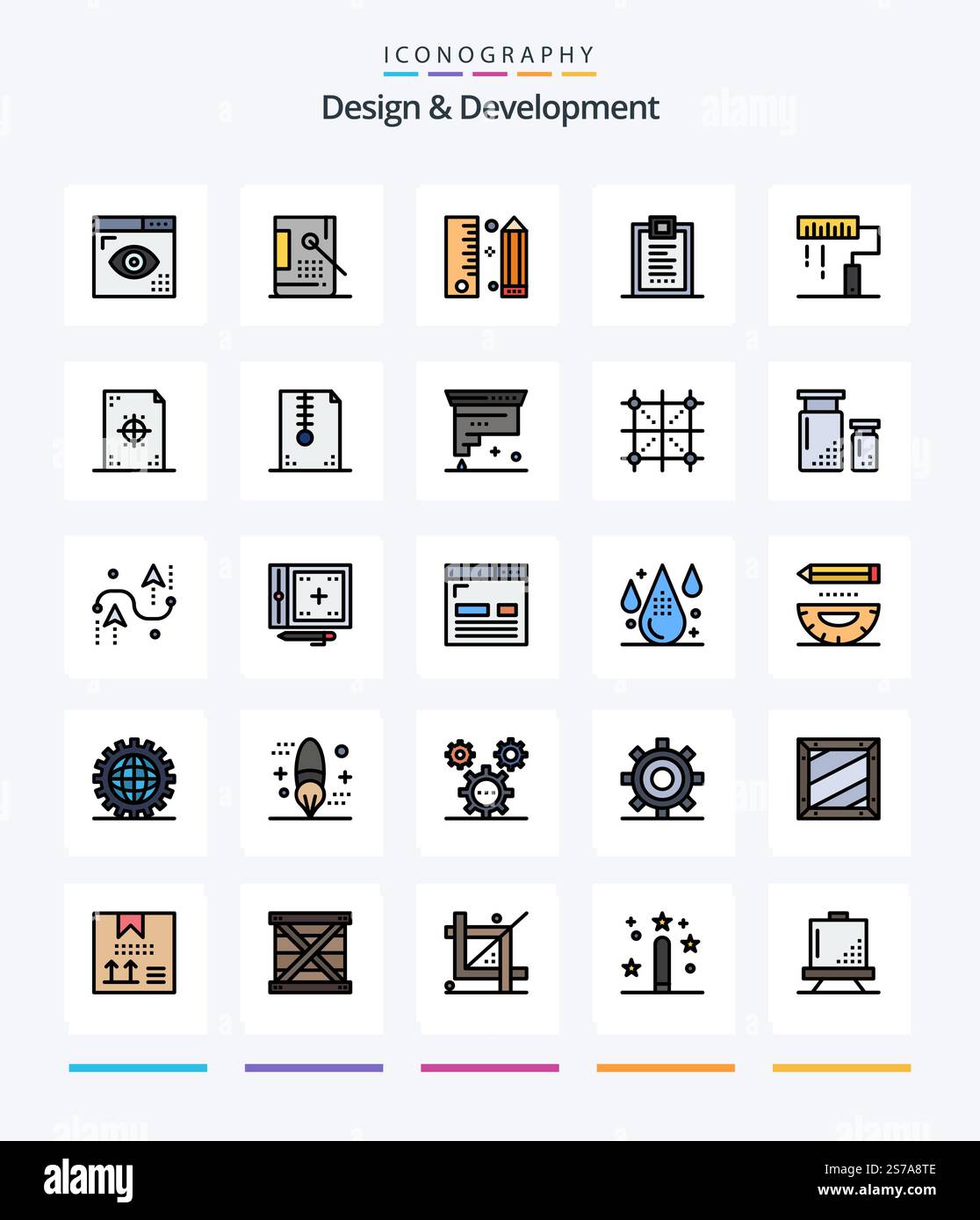 Creative Design & Development 25 Line FIlled icon pack  Such As delivery. coding. development. programing. development Stock Vector