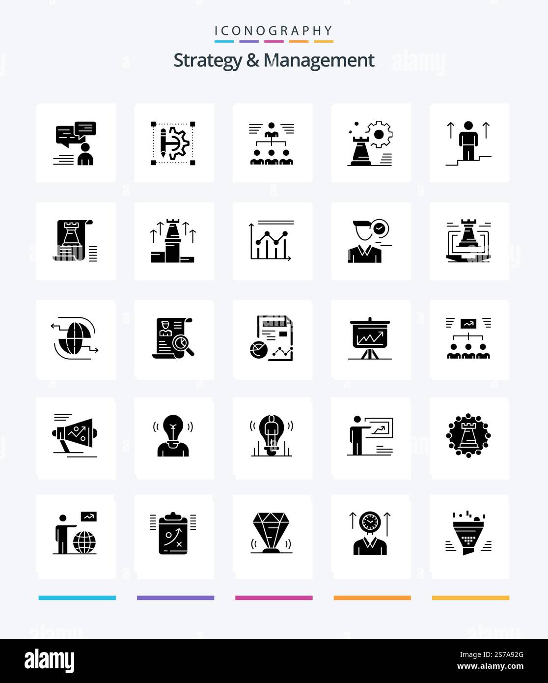 Creative Strategy And Management 25 Glyph Solid Black icon pack  Such As setting. business. setting. strategy. user Stock Vector