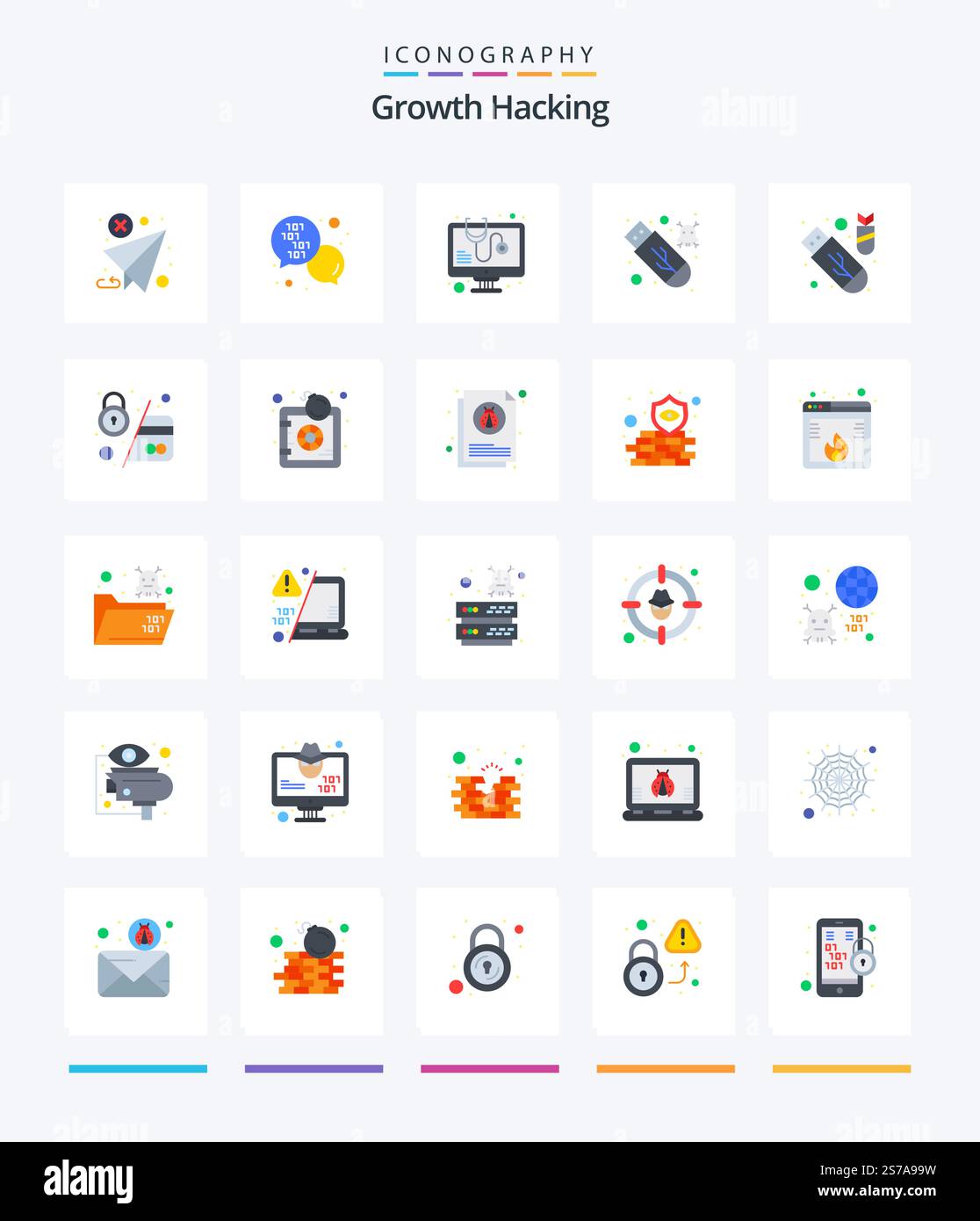 Creative Hacking 25 Flat icon pack  Such As usb. usb. message. stick. virus Stock Vector