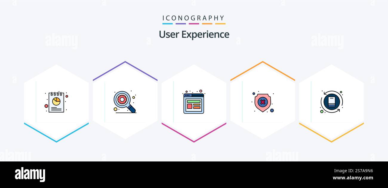 User Experience 25 FilledLine icon pack including action. shield. settings. protection. website wireframe Stock Vector