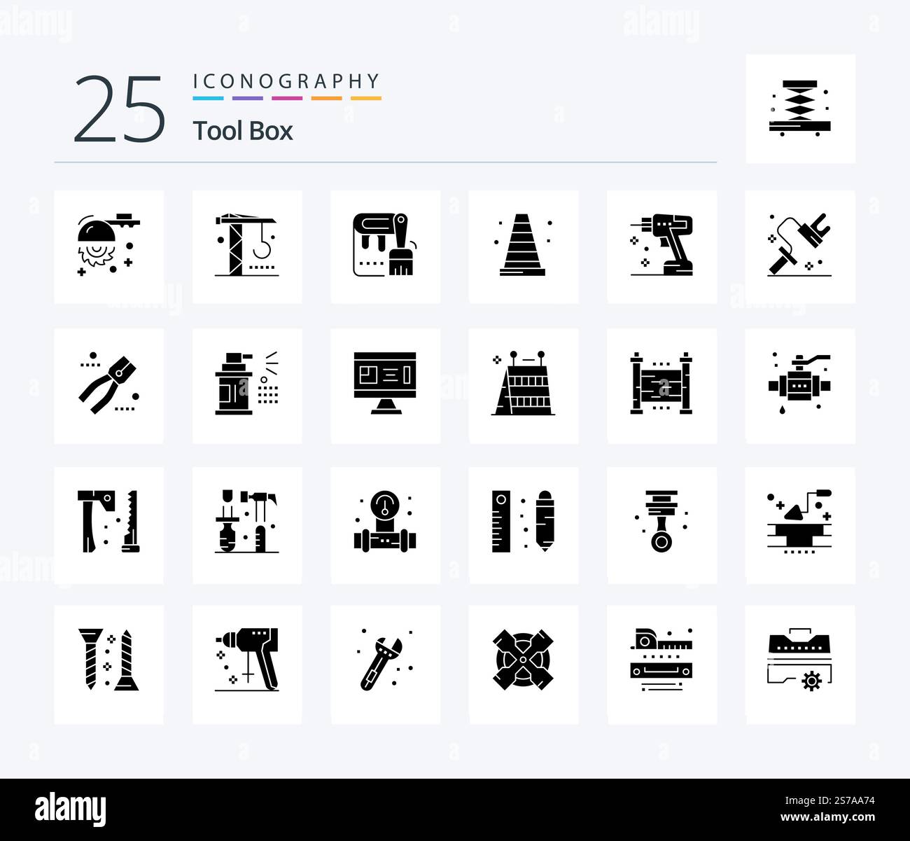 Tools 25 Solid Glyph icon pack including instrument. construction. brush. vlc. construction Stock Vector