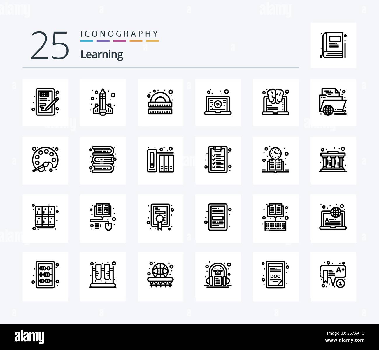 Learning 25 Line icon pack including tutorial. internet. learning. study. learning Stock Vector