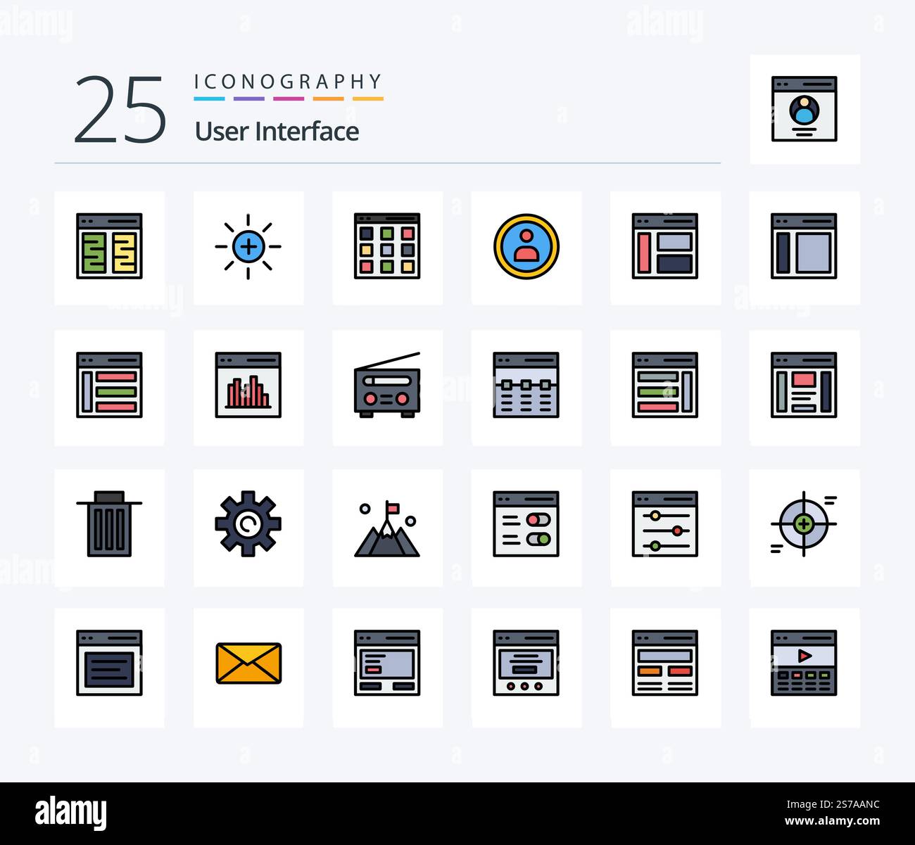 User Interface 25 Line Filled icon pack including communication. navigation. user. interface. user Stock Vector