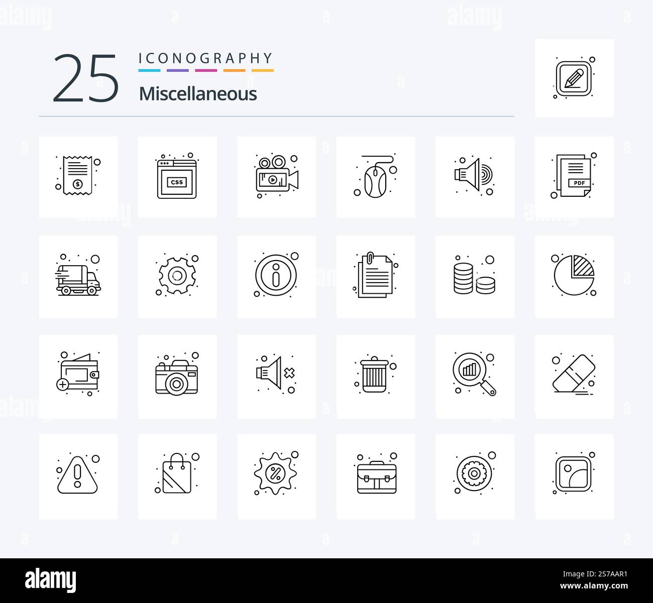 Miscellaneous 25 Line icon pack including volume. camera. mouse. click Stock Vector