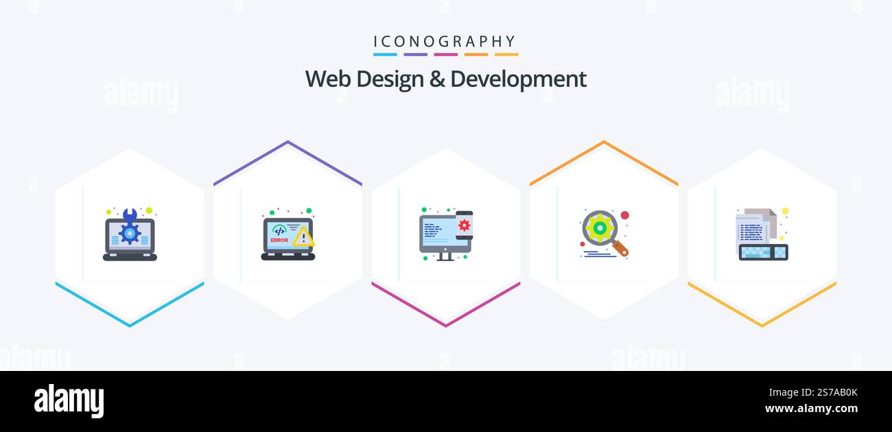 Web Design And Development 25 Flat icon pack including setting. gear. web. engine. web Stock Vector