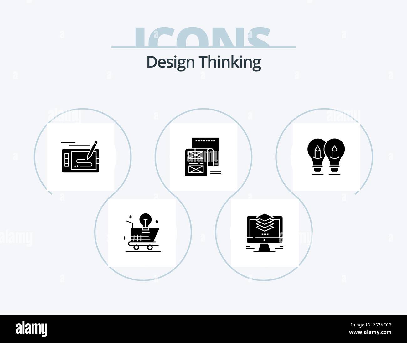 Design Thinking Glyph Icon Pack 5 Icon Design. email. document. computer. pad. pencil Stock Vector