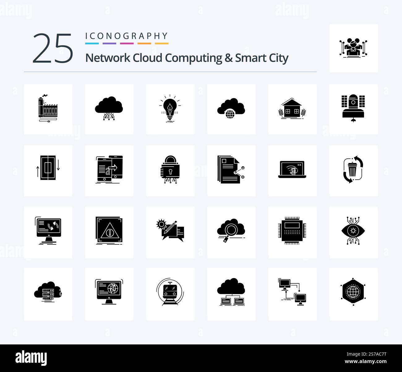 Network Cloud Computing And Smart City 25 Solid Glyph icon pack including city. light. data. energy. idea Stock Vector