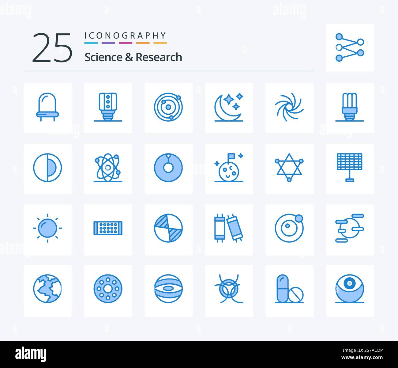 Science 25 Blue Color icon pack including light. energy saving. planets ...