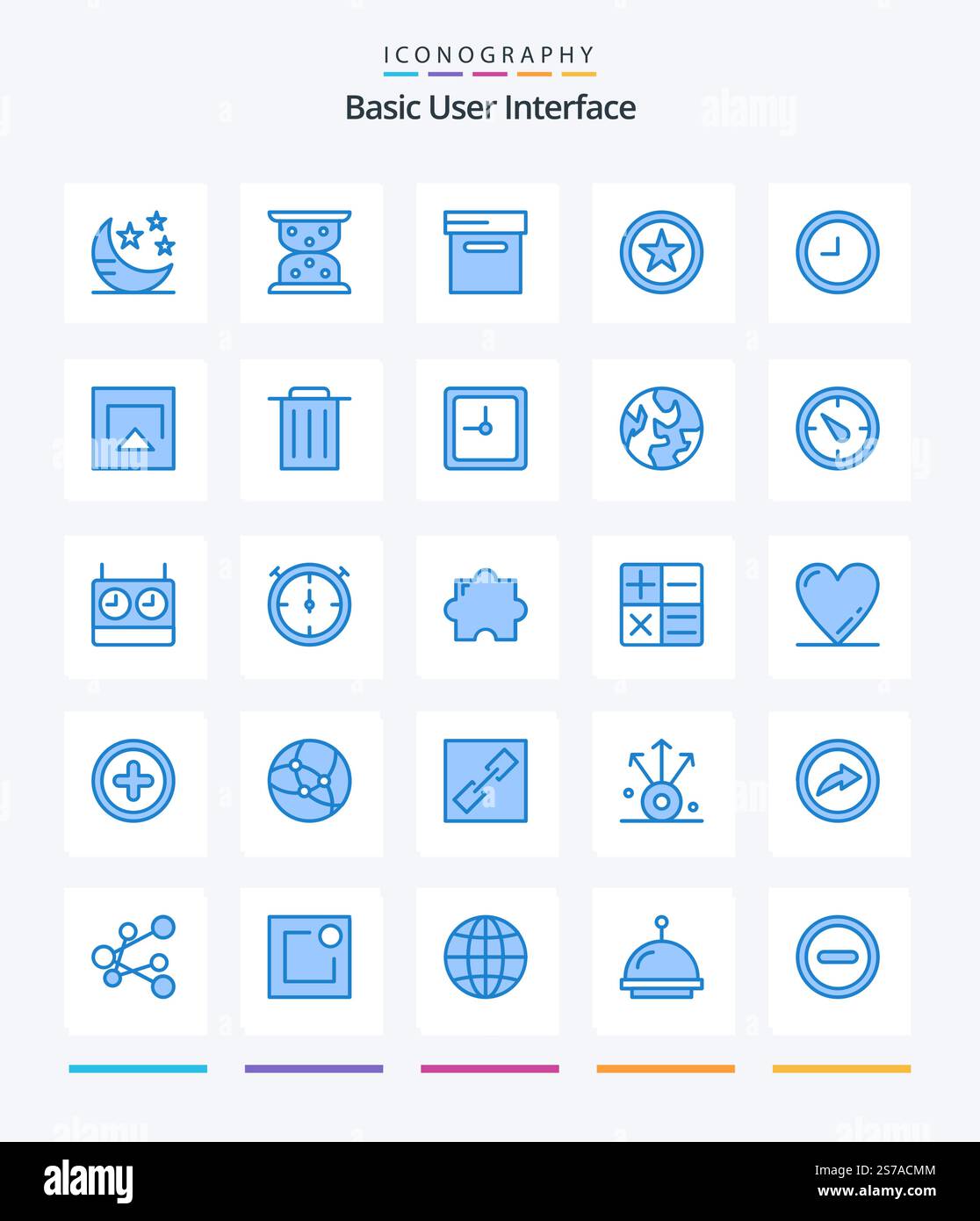 Creative Basic 25 Blue icon pack  Such As recycle. play. box. airplay. time Stock Vector