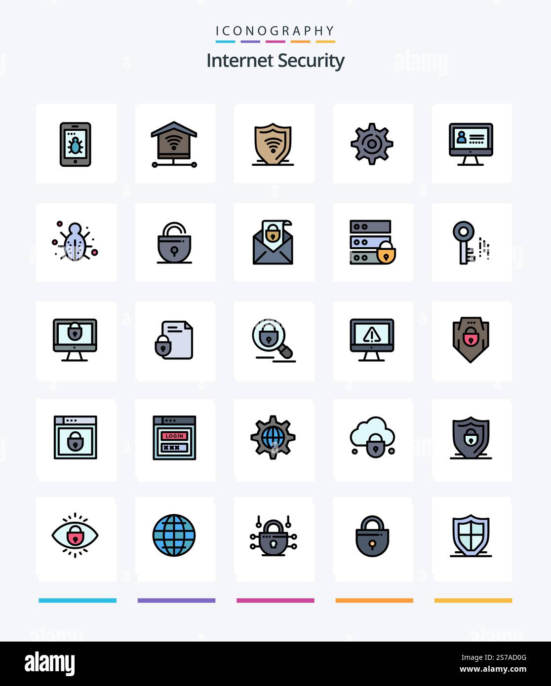 Creative Internet Security 25 Line FIlled icon pack  Such As internet. security. protect. internet. setting Stock Vector