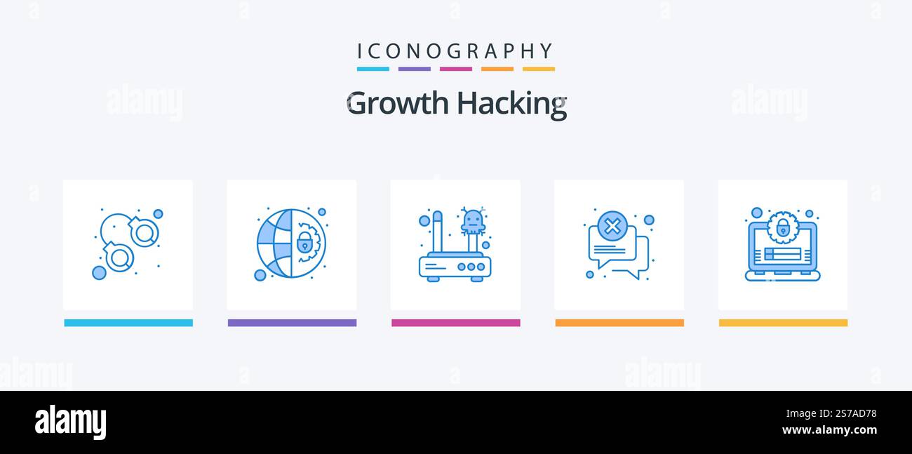 Hacking Blue 5 Icon Pack Including account. error. error. chat. router. Creative Icons Design Stock Vector