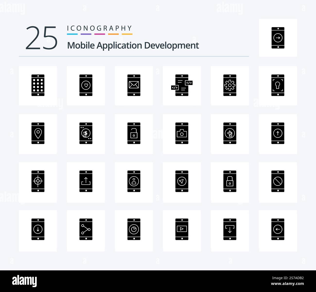 Mobile Application Development 25 Solid Glyph icon pack including application. div. heart. arrows. mail Stock Vector
