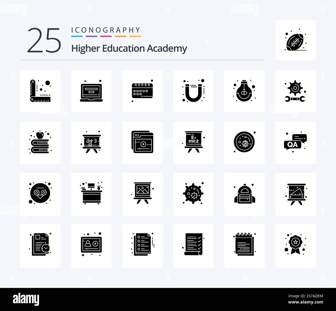 Academy 25 Solid Glyph icon pack including idea. education. learning. study. magnet Stock Vector