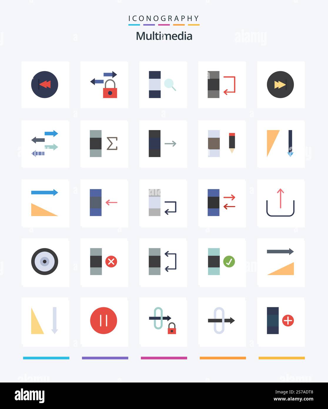 Creative Multimedia 25 Flat icon pack  Such As multimedia. fast. column. arrow. data Stock Vector